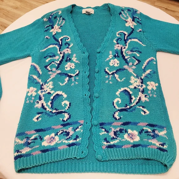 VINTAGE Worthington Floral Cable Knit Cardigan|Women's Large|Teal - Picture 2 of 7